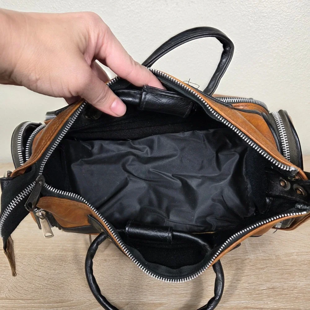 vintage y2k cognac brown black multi zip moto satchel shoulder bag